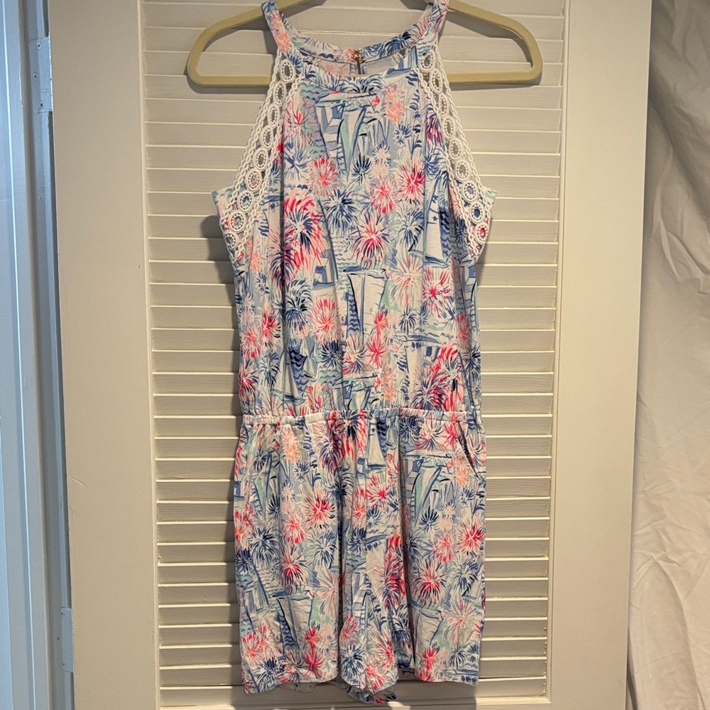 Lilly Pulitzer size small nautical fireworks Halter Romper with Crochet Trim